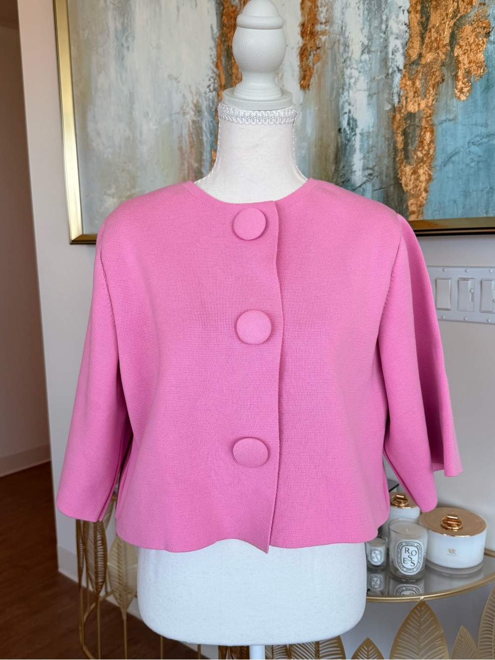 Pink Cropped Round-Neck Jacket with Covered Buttons